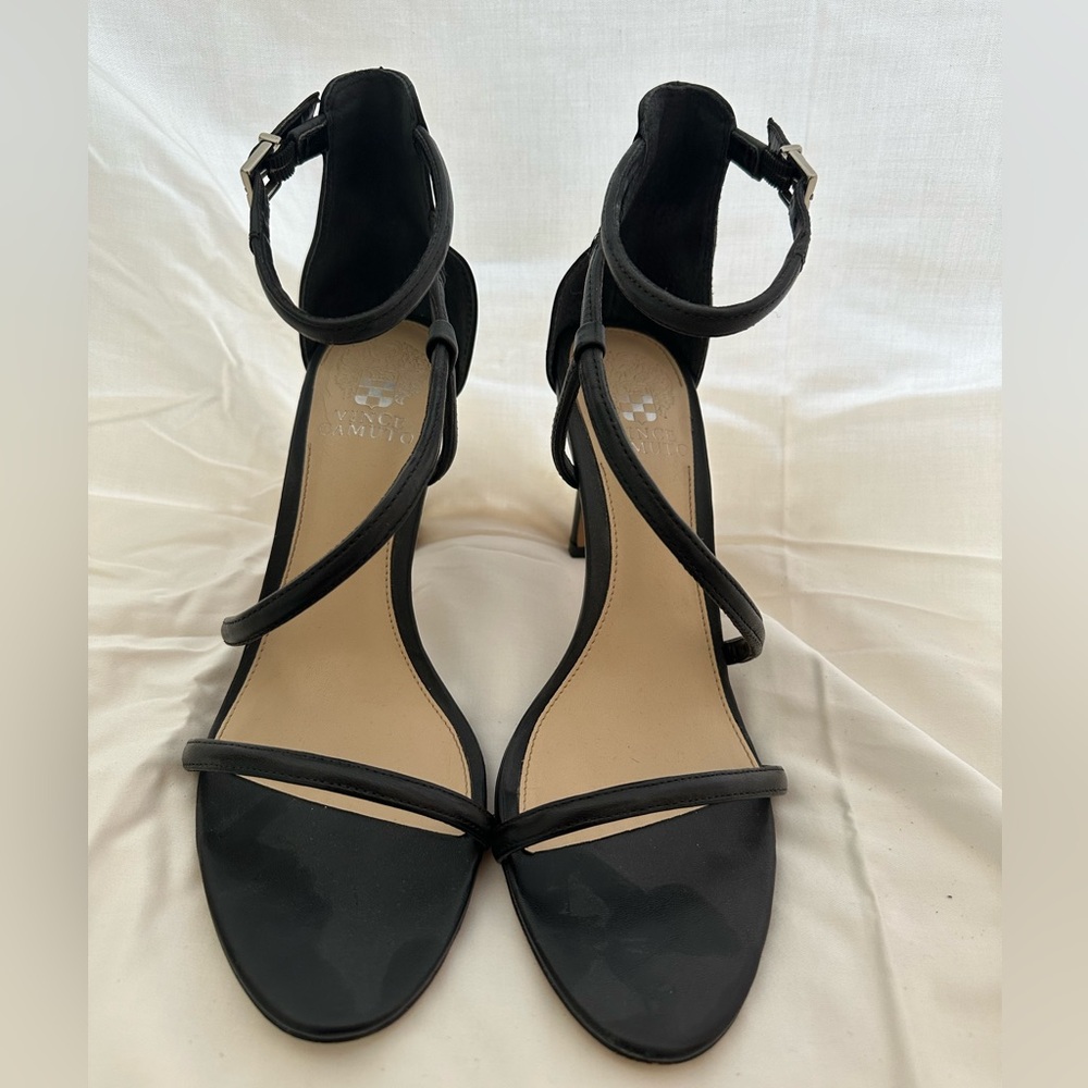 Black leather ankle strap stilettos